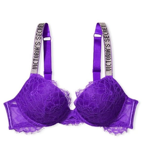 32B New Purple Bombshell Lace Shine Strap Super Push-Up Bra Adds 2 Cup Sizes